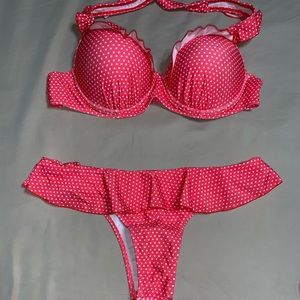 Super cute pink and white ruffled polka dot bikini